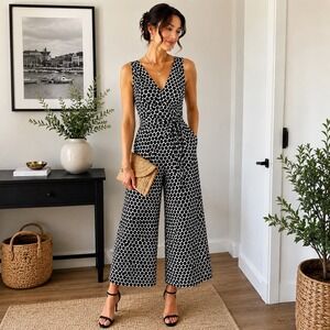 Eva Franco Polka Dot Wide Leg Jumpsuit Medium Sleeveless Pocket Tie Waist